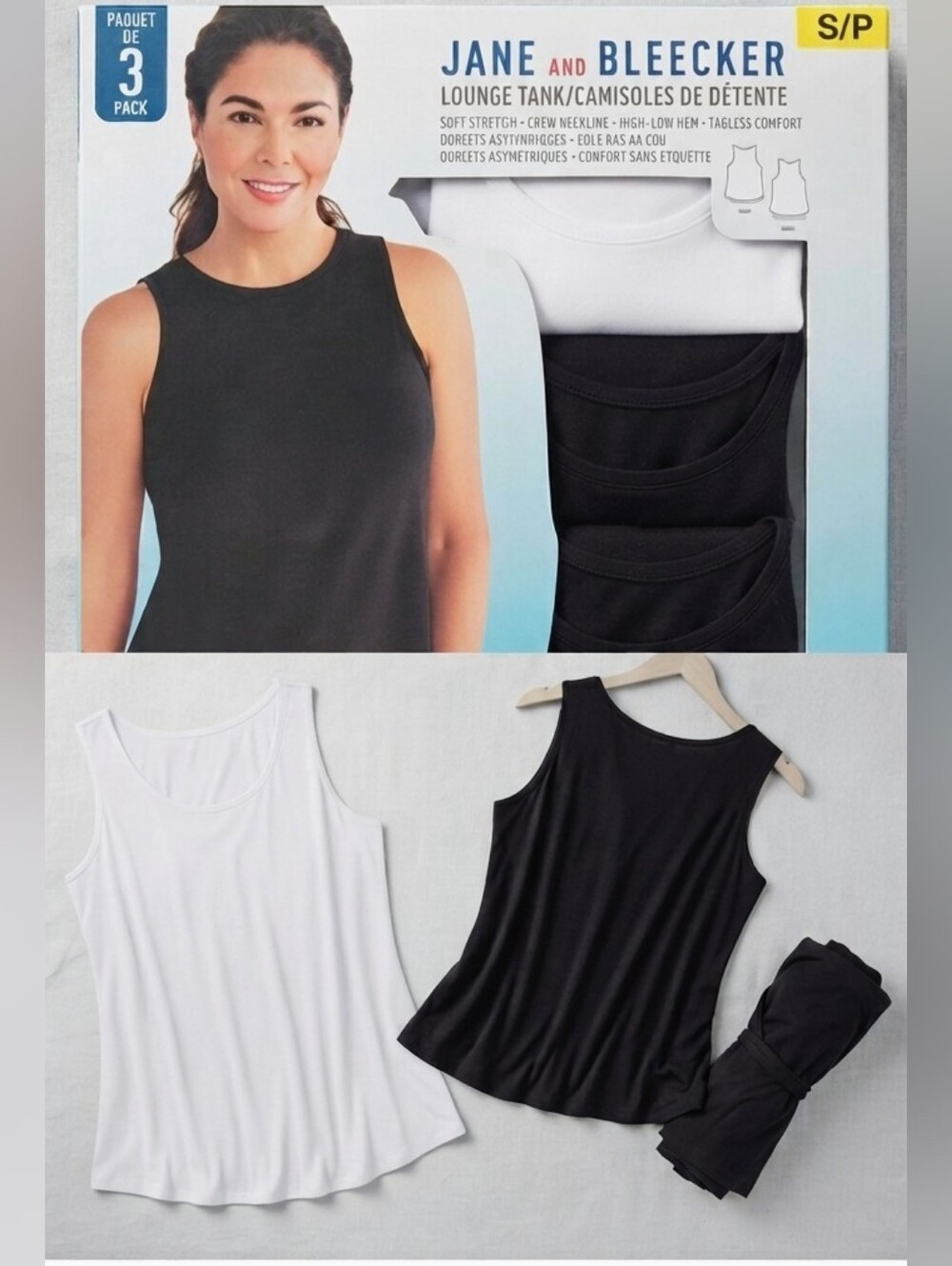 NIB JANE AND BLEECKER Lounge Tank Top Pack 3 Black White Camisoles Set Cozy S P
